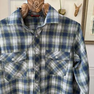 Alimens & Gentle Mens Long Sleeve Flannel Shirt Casual Plaid Blue Green Regular